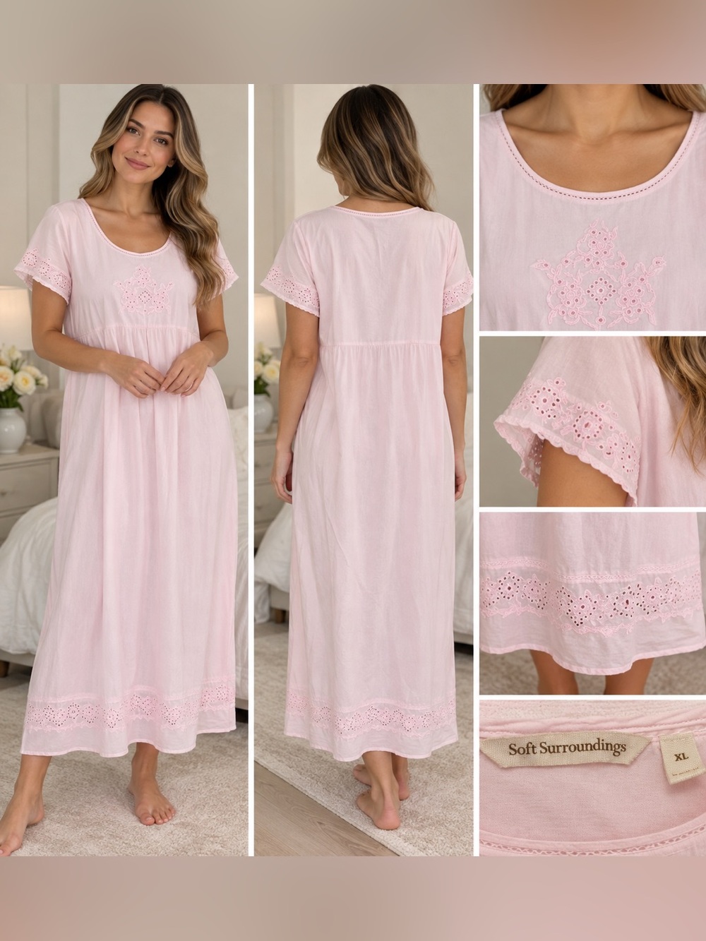 Soft Surroundings Pale Pink Cotton Eyelet Maxi Nightgown